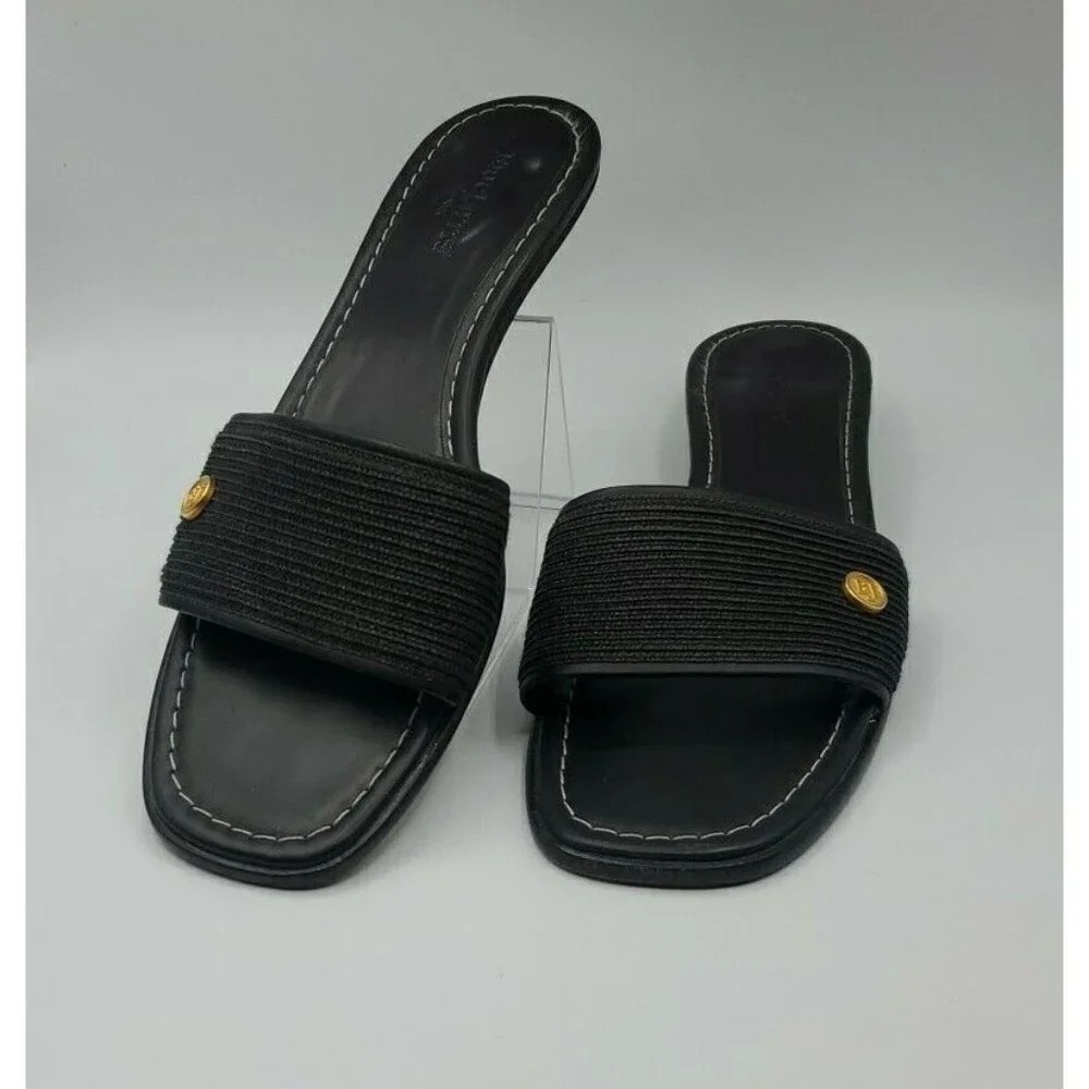Eric Javits Womens Leather Woven Low Heel Sandals Slides Black Size 10